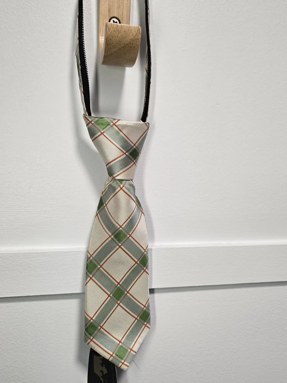 Toddler Cream Plaid Necktie with Green and Gray Accents
